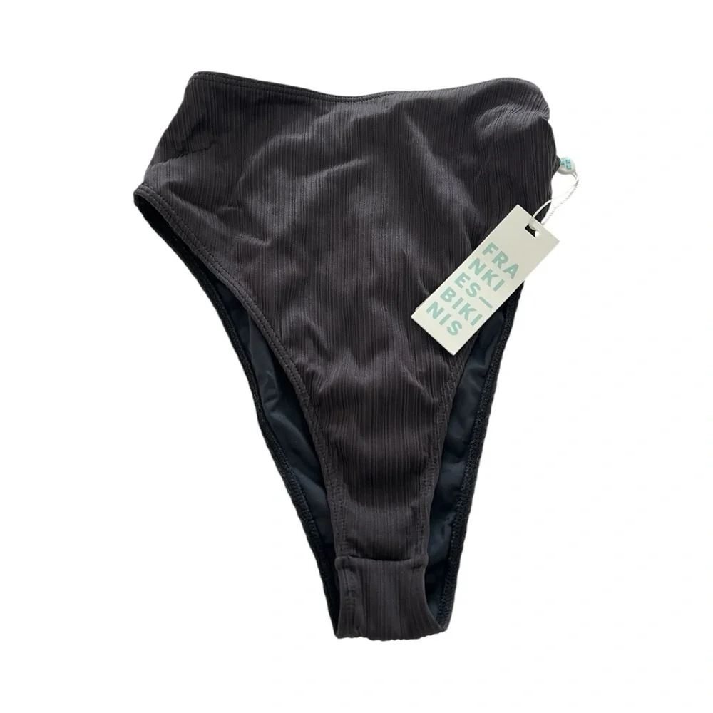 Frankie’s Bikinis Black High Waisted Ribbed Bikini Bottoms
